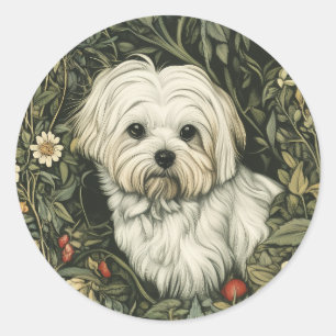Cute Maltese Hund i en William Morris Stil Garden Runt Klistermärke