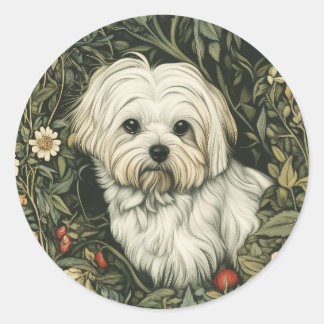 Cute Maltese Hund i en William Morris Stil Garden Runt Klistermärke