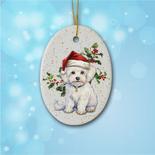 Cute Maltese Hund jul Holly Julgransprydnad Keramik