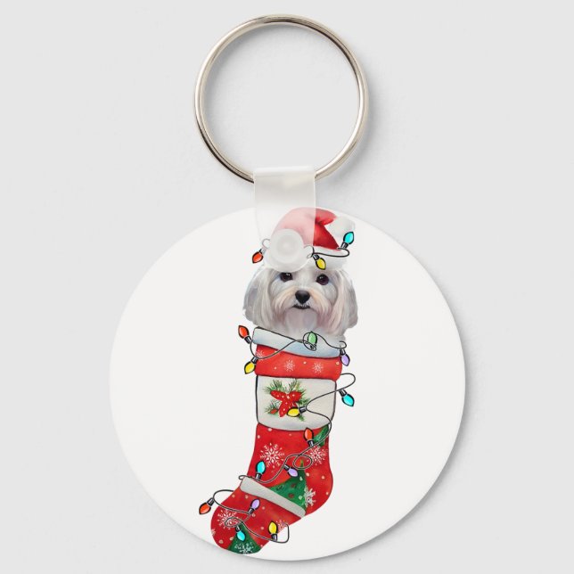 Cute Maltese Hund jul, Julafton Maltesiska Hund Nyckelring (Framsida)