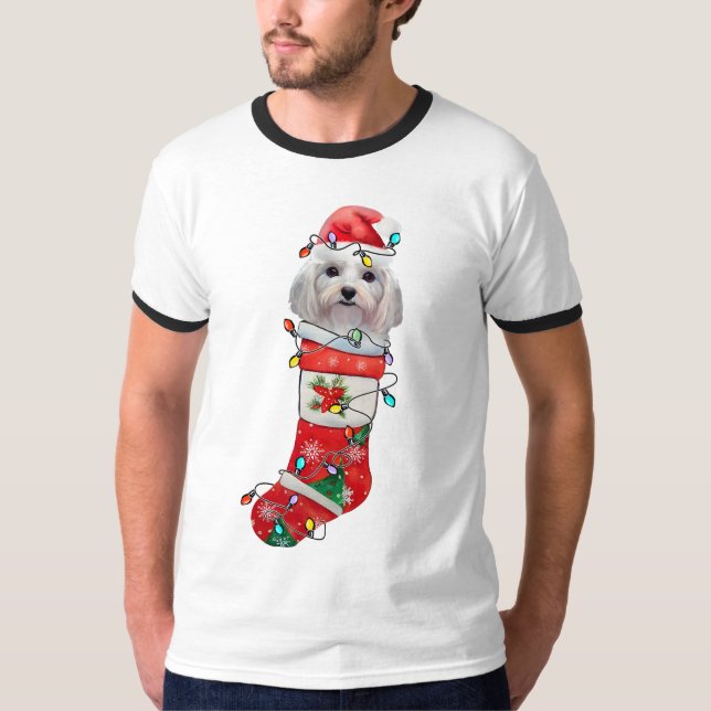 Cute Maltese Hund jul, Julafton Maltesiska Hund T Shirt (Framsida)