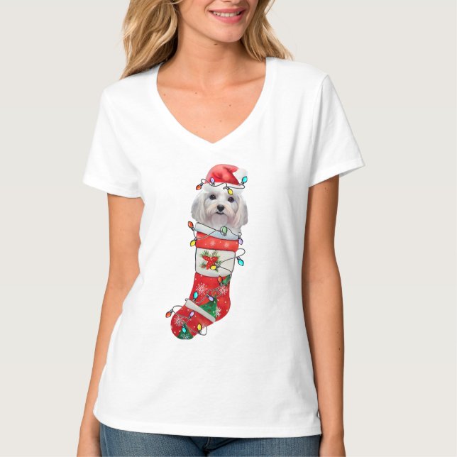 Cute Maltese Hund jul, Julafton Maltesiska Hund T Shirt (Framsida)