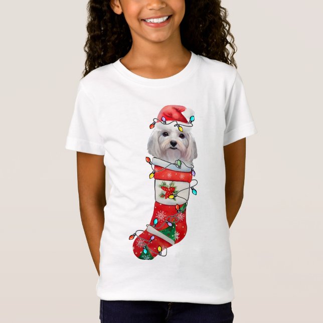 Cute Maltese Hund jul, Julafton Maltesiska Hund T Shirt (Framsida)