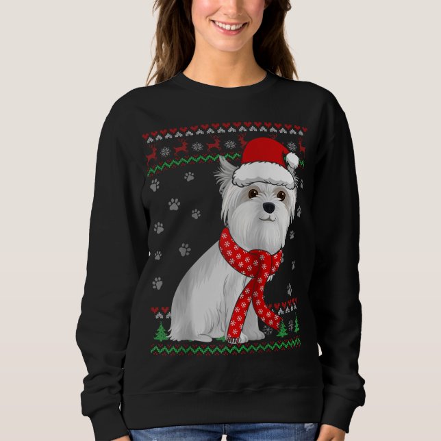 Cute Maltese Hund Ugly jul Sweater Santa Hat T Shirt (Framsida)