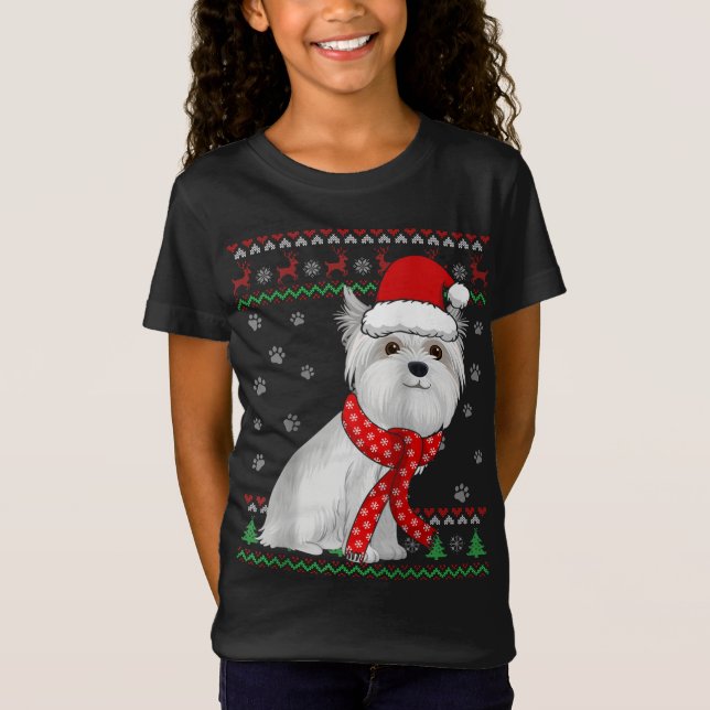 Cute Maltese Hund Ugly jul Sweater Santa Hat T Shirt (Framsida)