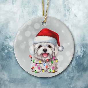 Cute Maltese Hund Wrapped in jul Ljus Julgransprydnad Keramik