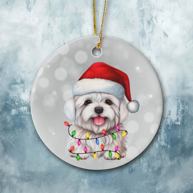 Cute Maltese Hund Wrapped in jul Ljus Julgransprydnad Keramik (Skapare uppladdad)