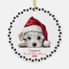 Cute Maltese Puppy Hund Santa Hat 1:a jul Julgransprydnad Keramik