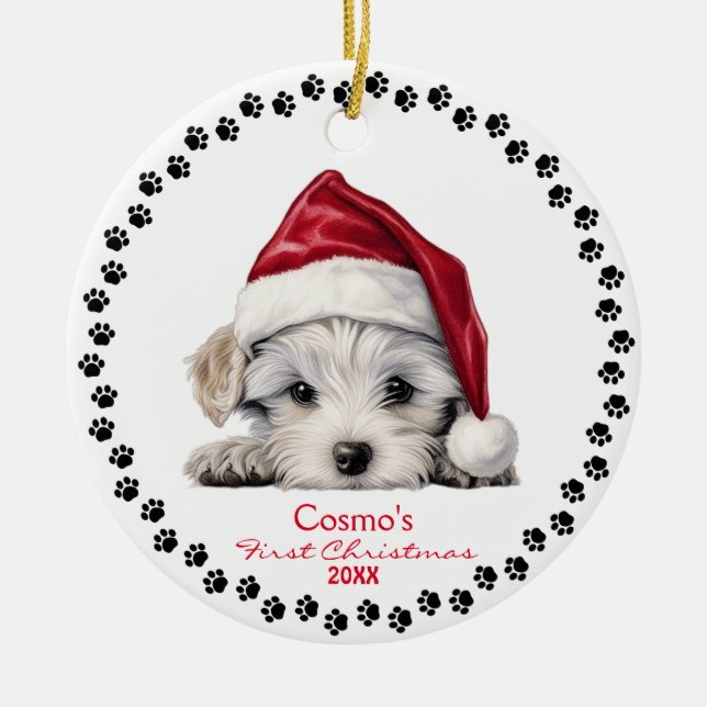 Cute Maltese Puppy Hund Santa Hat 1:a jul Julgransprydnad Keramik (Framsidan)