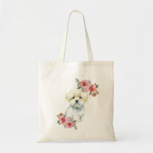 Cute Maltese Puppy Hund with Flowers Watercolor Tygkasse