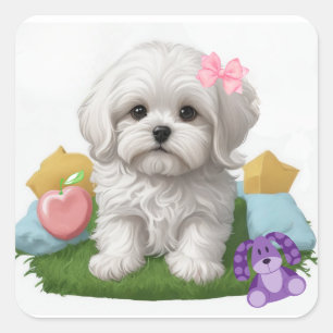Cute Maltese Puppy Siting with her Leksak Fyrkantigt Klistermärke