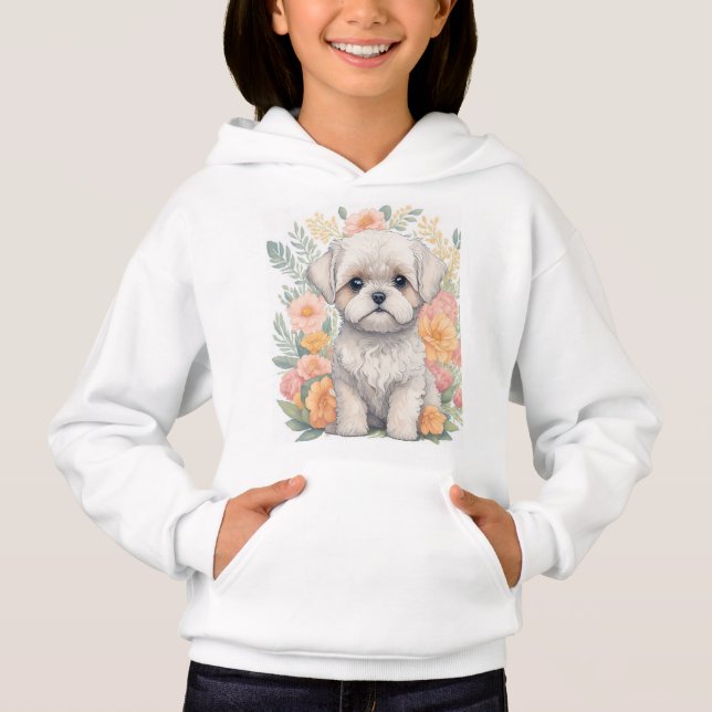Cute Maltese Puppy Summer Flowers Girls Hoodie T Shirt (Framsida)