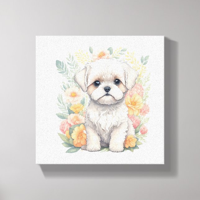 Cute Maltese Puppy with Summer Flowers Wall Art Canvastryck (Framsida)