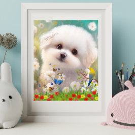 Cute Maltwhite puppy hund in Blommigt Garden Art Poster