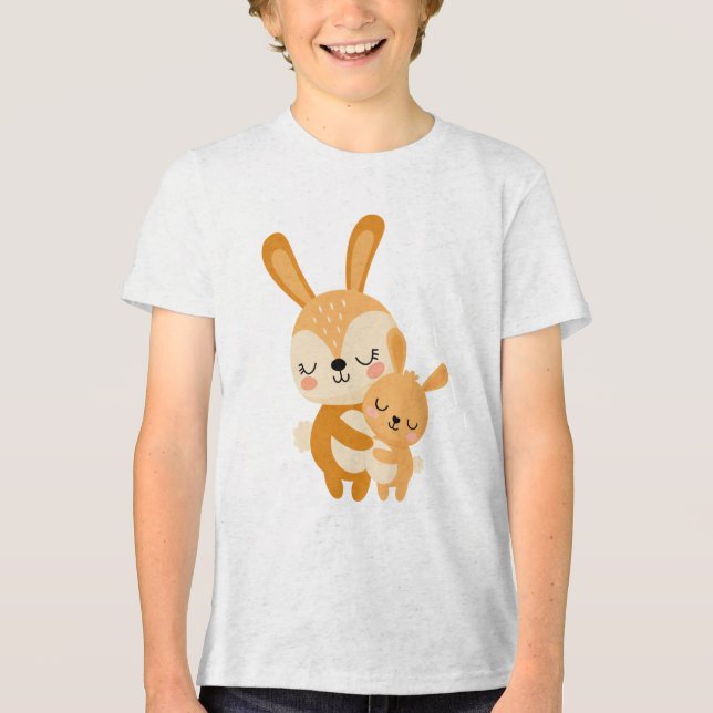 Cute Mama Bunny Hugging Baby Bunny Illustration T Shirt (Framsida)
