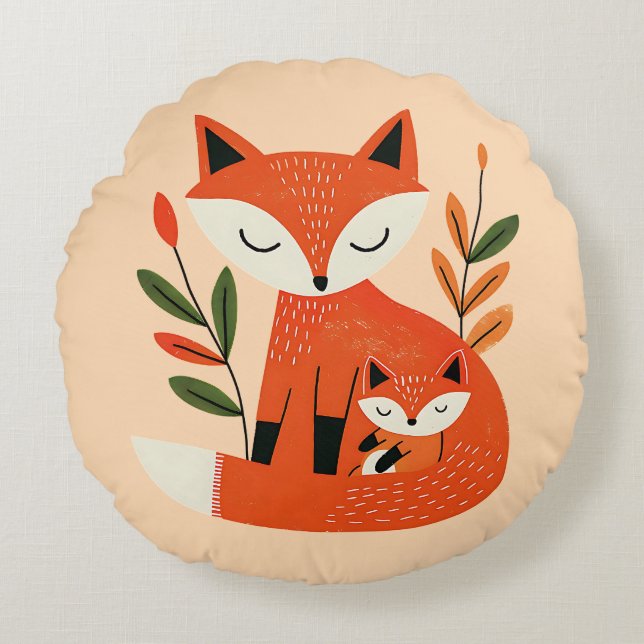 Cute Mama Fox& Baby Cub Whimsical Woodland Nursery Rund Kudde (Framsidan)