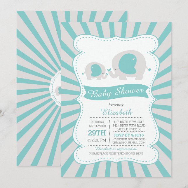 Cute Mamma Baby Elephant Boys Baby Shower Inbjudningar (Fram/baksida)