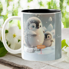 Cute Mamma & Baby Penguin Snö Personlig Två-Tonad Mugg