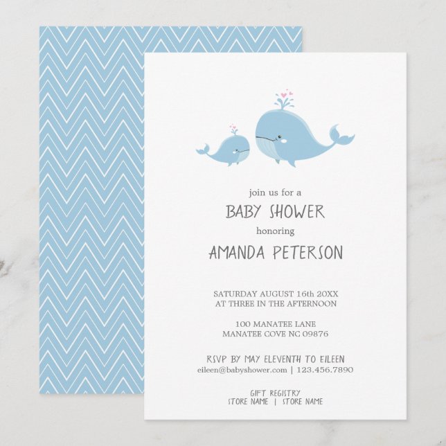 Cute Mamma & Baby Whales Blue Chevron Baby Shower Inbjudningar (Fram/baksida)