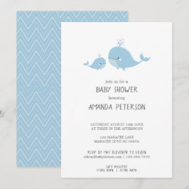 Cute Mamma & Baby Whales Blue Chevron Baby Shower Inbjudningar