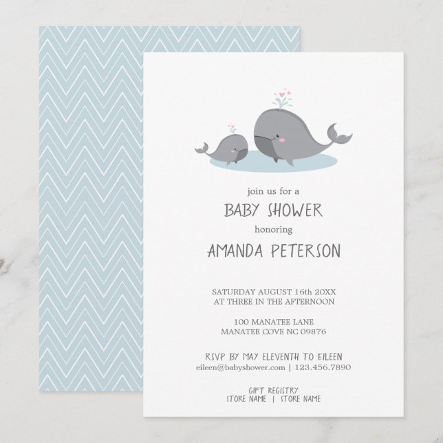 Cute Mamma & Baby Whales Blue Chevron Baby Shower Inbjudningar (Fram/baksida)