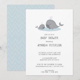 Cute Mamma & Baby Whales Blue Chevron Baby Shower Inbjudningar