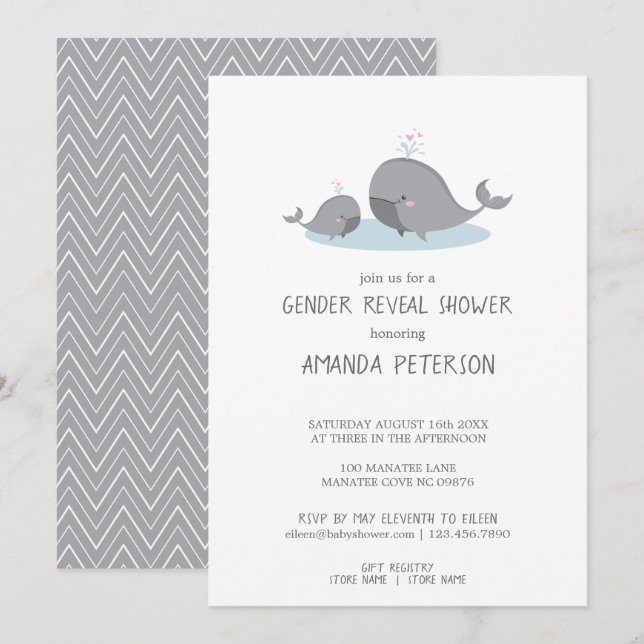 Cute Mamma & Baby Whales Blue Chevron Gender Revea Inbjudningar (Fram/baksida)