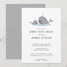 Cute Mamma & Baby Whales Blue Chevron Gender Revea Inbjudningar