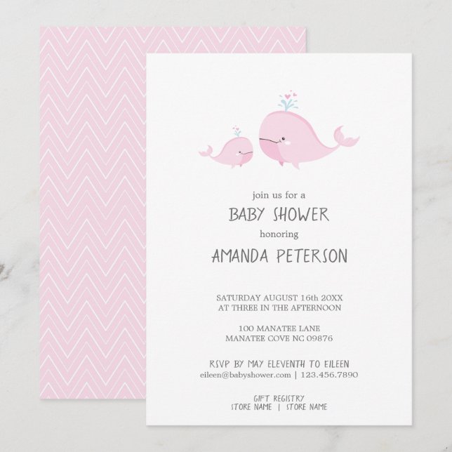 Cute Mamma & Baby Whales Rosa Chevron Baby Shower Inbjudningar (Fram/baksida)