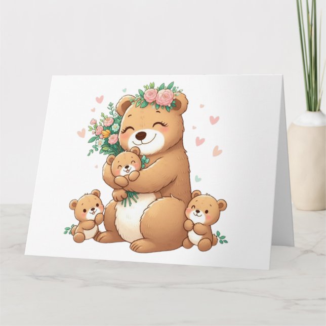 Cute mamma björn med tre ungar kort (Framsida)