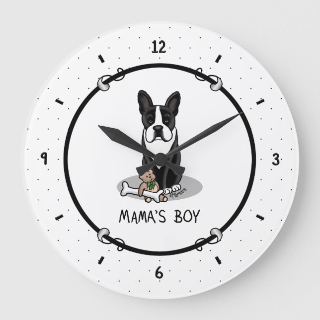 Cute Mamma Boy Boston Terrier (svart) Hund Stor Klocka (Framsida)