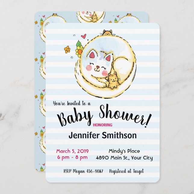 Cute Mamma Cat och Kittens Baby Shower-inbjudninga Inbjudningar (Fram/baksida)
