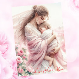 Cute Mamma Hug Rosa ros Mors dag Watercolor Julkort