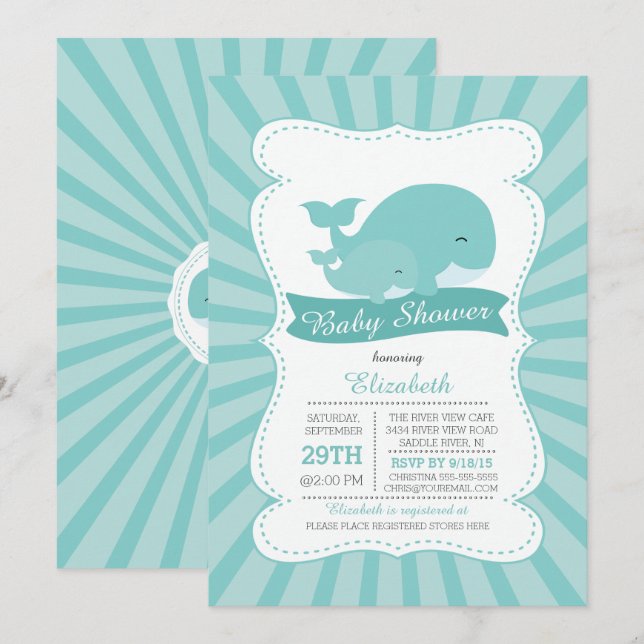 Cute Mamma med Baby Whale Boys Baby Shower Inbjudningar (Fram/baksida)