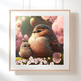 Cute Mamma och Baby Bird på Rosa Träd Art Poster