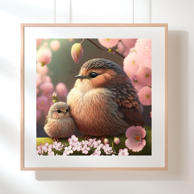 Cute Mamma och Baby Bird på Rosa Träd Art Poster (Skapare uppladdad)