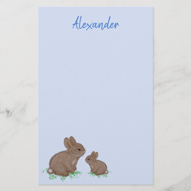 Cute Mamma och Baby Bunny i Klöver Blue Brevpapper (Framsida)