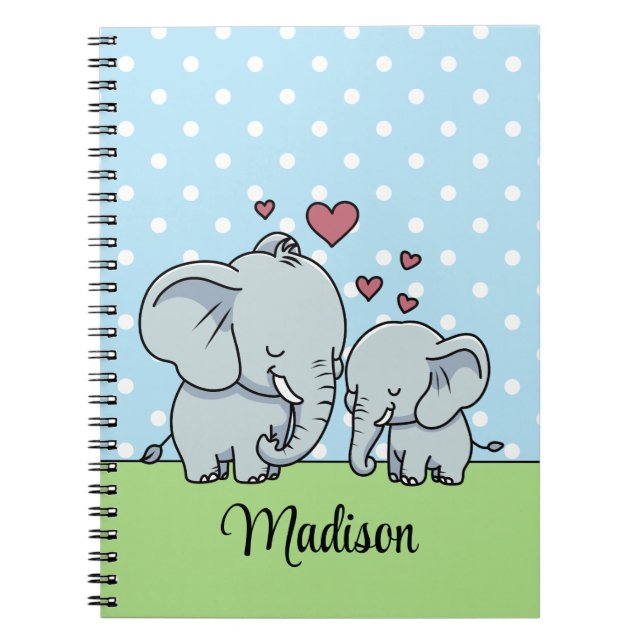 Cute Mamma och Baby Elephant, Personlig Grönt Anteckningsbok (Framsidan)
