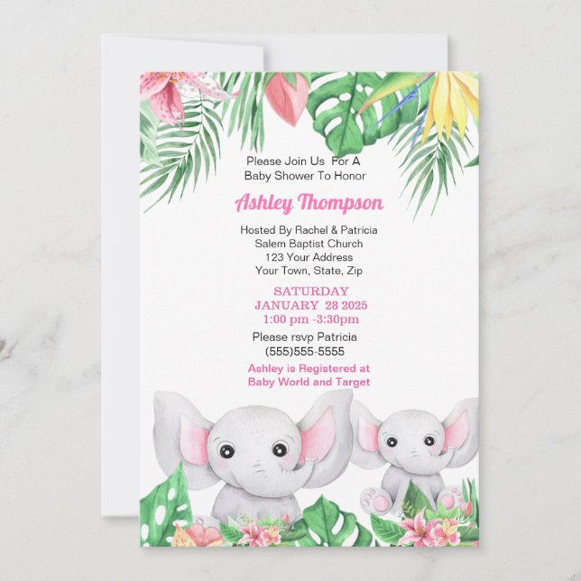 Cute Mamma och Baby Elephant Tropical Baby Shower Inbjudningar (Framsida)