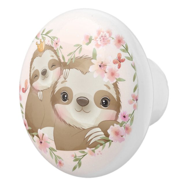 Cute Mamma och Baby Sloth Ceramic Knob Knopp (Höger)