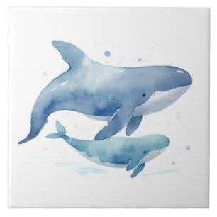 Cute Mamma och Baby Valale Watercolor Ocean Sea Kakelplatta
