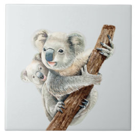 Cute Mamma och Baby vattenfärgen Koala på lätt grå Kakelplatta
