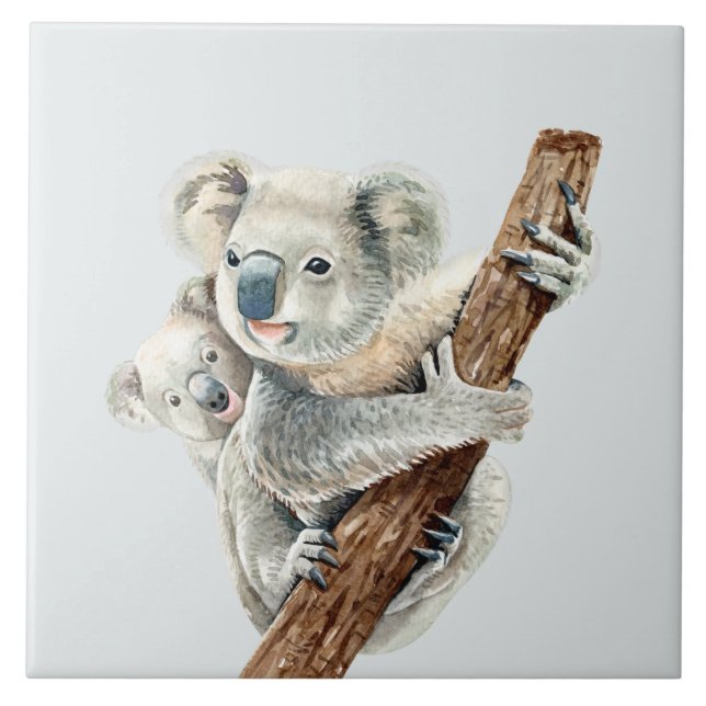 Cute Mamma och Baby vattenfärgen Koala på lätt grå Kakelplatta (Framsidan)