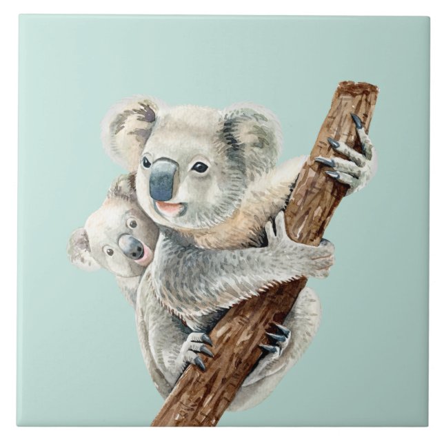 Cute Mamma och Baby vattenfärgen Koala på ljust gr Kakelplatta (Framsidan)