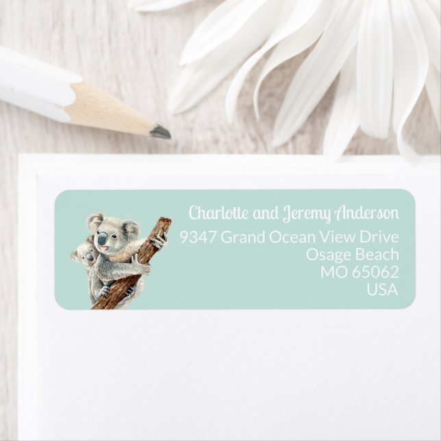 Cute Mamma och Baby vattenfärgen Koala på ljust gr Returadress Etikett (Insitu)
