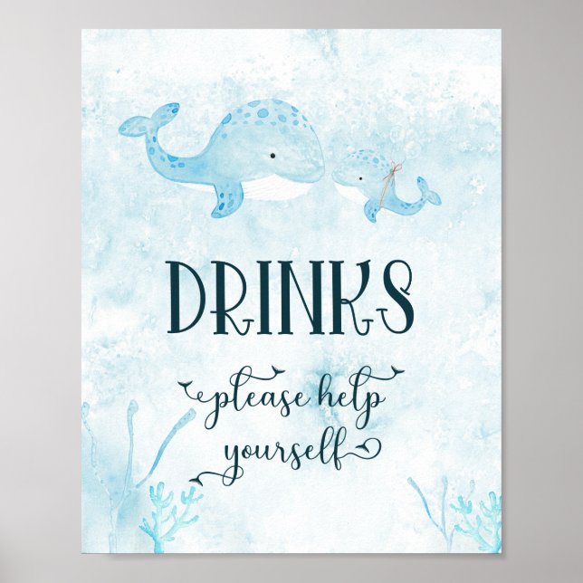 Cute Mamma och Baby Whale Drinks Poster (Framsidan)