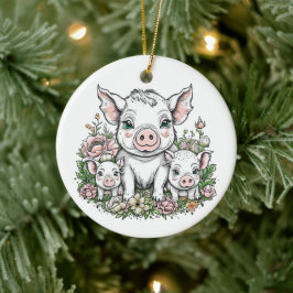 Cute Mamma och Piglets i Blommor Julgransprydnad Keramik