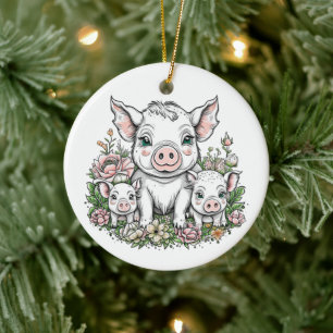 Cute Mamma och Piglets i Blommor Julgransprydnad Keramik