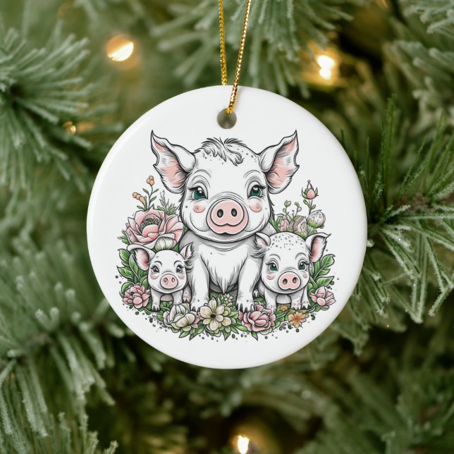 Cute Mamma och Piglets i Blommor Julgransprydnad Keramik (Träd)