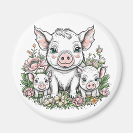 Cute Mamma och Piglets i Blommor Magnet